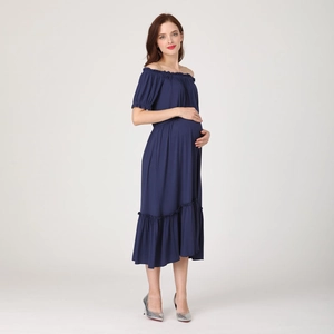 Off-shoulder navy blue maternity dress with ruffle layers in soft modal fabric