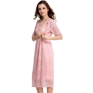 Damen Spitze Umstandskleid Stillkleid Rundhalsausschnitt Kurzarm Einfarbig Schwangerschaftskleid Zum Stillen
