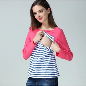 Detail of the nursing opening on this long-sleeved striped maternity top for breastfeeding