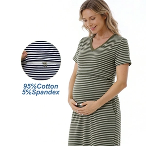 Robe de Maternité Rayée à Manches Courtes avec Col en V pour Femmes Allaitement Post-partum Décontractée en Coton Midi avec Poches Intérieur