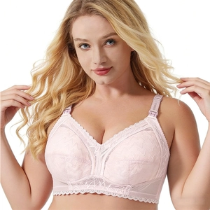 Pale pink full cup lace nursing bra with wide straps for comfort and support