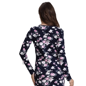Deep blue long sleeve maternity dress with pink floral print and round neck for women