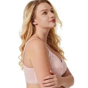 Pink lace plus size nursing bra with wide side wings for postpartum breastfeeding support