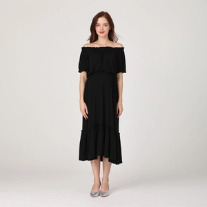Off-shoulder black short sleeve maternity midi dress with ruffled details for summer