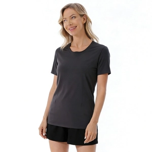 Detail of dark grey maternity nursing t-shirt with soft fabric and round neckline design