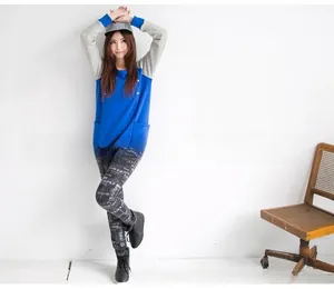 Detail of winter maternity tracksuit with blue patchwork hoodie and letter print leggings