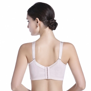 Detail of plus size nursing bra with wide jacquard straps and four-row back closure