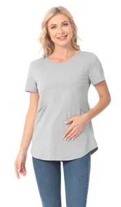 Close-up of gray short-sleeve nursing top with overlapping double-layer breastfeeding opening