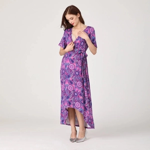Robe de Maternité en Modal Col en V Robe d'Allattement Imprimé Floral Ourlet Irrégulier Robe Portefeuille Manches Courtes Grossesse