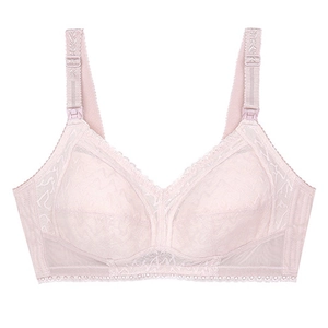Detail of lace nursing bra with easy-open front clip and wide jacquard straps