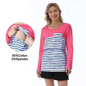 Maternity Striped Long Sleeve Nursing T-Shirt Breastfeeding Women Cotton Blend Patchwork Casual Pregnancy Top With Pocket