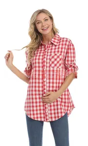 Detail of red plaid maternity shirt with roll-up sleeves and nursing-friendly V-neck