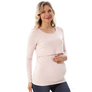 Pink modal maternity long sleeve top with lifting nursing access for breastfeeding