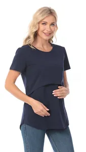 Detail of navy blue nursing t-shirt showing the functional double-layer feeding opening