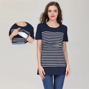 Detail of the lift-up nursing access on navy striped short sleeve maternity T-shirt