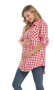 Detail of red checkered maternity shirt featuring roll-tab sleeves and nursing buttons