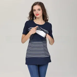 Detail of horizontal nursing opening on a navy striped cotton maternity T-shirt