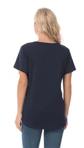 Rear view of a navy blue short sleeve maternity nursing T-shirt with a curved hem design