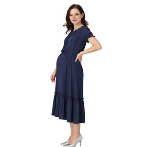Short sleeve navy blue maternity dress with off-shoulder neckline and tiered hem