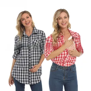 Detail showing discreet side opening for breastfeeding on a plaid maternity shirt