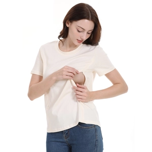 Short sleeve nursing t-shirt in cream white with invisible zippers for breastfeeding