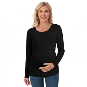 Detail of black modal maternity top featuring a functional lift-up breastfeeding layer