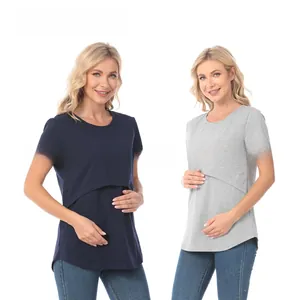 Detail of navy and heather grey breastfeeding t-shirts with double-layer nursing opening
