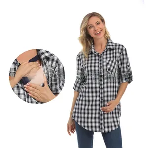 Detail of checkered nursing shirt featuring convenient inner opening for easy breastfeeding