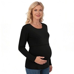 Black modal long sleeve maternity nursing top for women with breastfeeding lift-up access