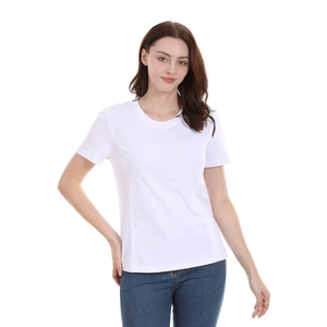 White cotton maternity T-shirt with zipper nursing access and slim fit design