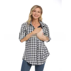 Detail shot of breastfeeding opening feature on black and white plaid maternity shirt