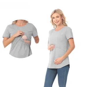 Detail of grey maternity nursing t-shirt showing the overlapping breastfeeding opening design