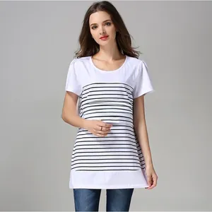 Detail of striped cotton nursing top showing soft patchwork and maternity fit