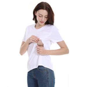 White short sleeve maternity nursing T-shirt with hidden side zippers in pure cotton