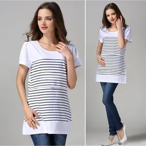Detail view of a striped nursing T-shirt for pregnancy with easy-access breastfeeding slit