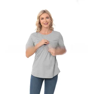 Close-up of the double-layered nursing opening on a grey short-sleeve maternity t-shirt