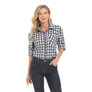 Detail of black and white plaid maternity shirt with nursing access and V-neck design