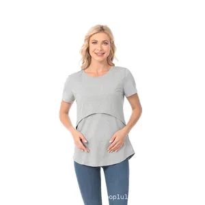Close-up of the double-layer crossover design on a gray maternity nursing T-shirt