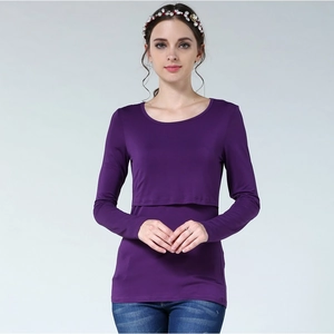 Detail of hidden breastfeeding access on dark purple long-sleeve modal maternity top