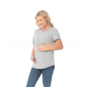 Gray maternity nursing top with breastfeeding access and flexible cotton blend fabric