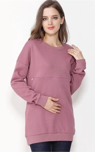 Detail of grey-pink cotton nursing sweatshirt showing invisible zipper for breastfeeding