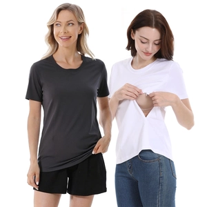 Women Maternity Nursing T-Shirt Short Sleeve Round Neck Cotton Breastfeeding Top Solid Color Clothes For Pregnant Women