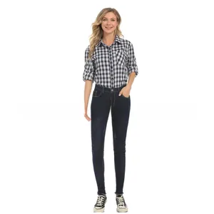 Detail of checkered maternity shirt with rolled sleeves and V-neck for office wear