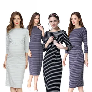 Slim fit striped maternity nursing dress with 3/4 sleeves and cotton fabric for women