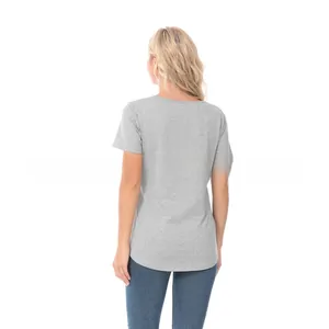 Back view of a grey nursing t-shirt with a curved hem design for breastfeeding mothers
