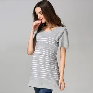 Detail of gray maternity T-shirt with white stripes and convenient nursing flap design