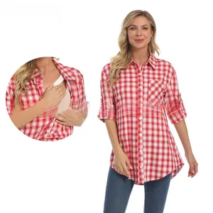 Detail view of red plaid maternity nursing shirt featuring v-neck and breastfeeding access