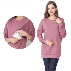 Pink cotton maternity nursing sweatshirt with concealed horizontal zipper for breastfeeding