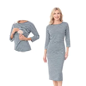 Cotton Stretch Maternity Nursing Dress Striped 3/4 Sleeve Midi Bodycon Dress For Pregnancy Breastfeeding Women Commuter Style