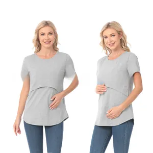 Detail of grey short sleeve nursing top with double-layer design for breastfeeding